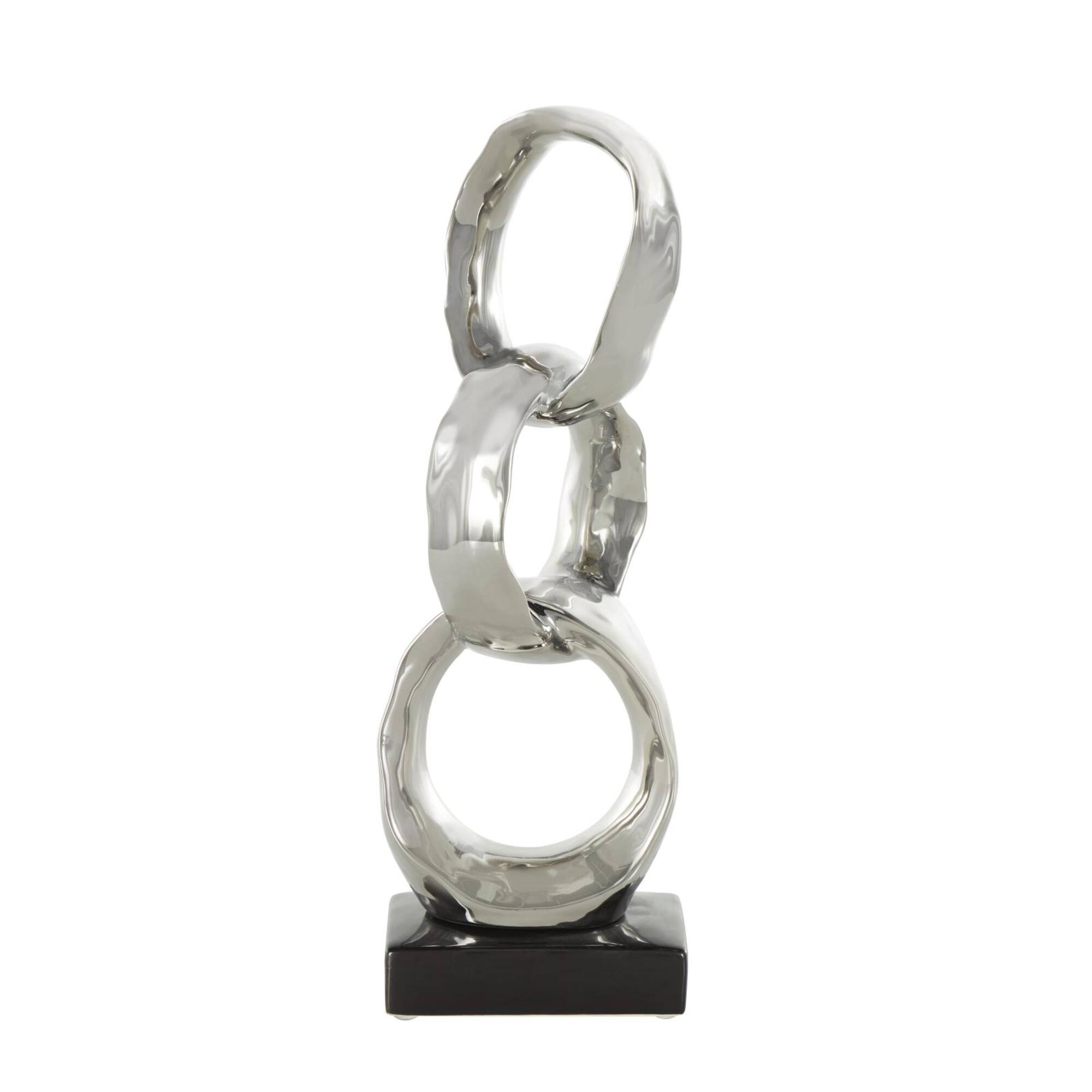 15" Silver Abstract Interlocked Rings Ceramic Sculpture with Black Base